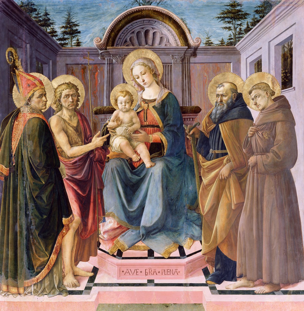 Madonna and Child Enthroned with (LtoR) SS. Zenobius, John the Baptist, Anthony Abbot and Francis  by Francesco di Stefano Pesellino