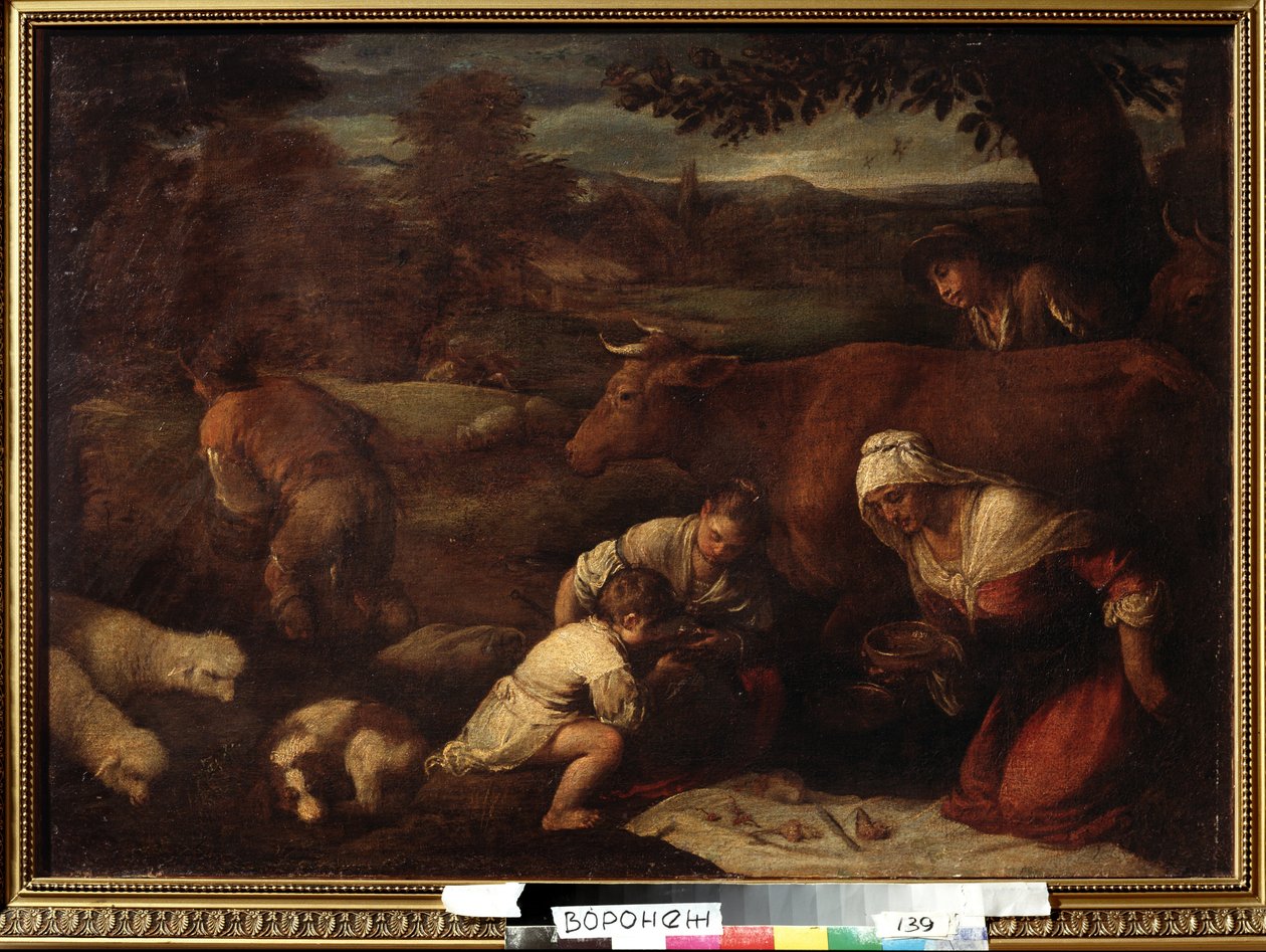 "Le soir" (Akşam) Çoban, kadın ve çocuklardan oluşan aile, öğle yemeğini çimenlerin üzerinde yer. Jacopo Bassano (da Ponte) (1510-1592) 16. yüzyıl Ivan Kramskoy (veya Kramskoi) Voronezh (Voronezh), Rusya Güzel Sanatlar Müzesi