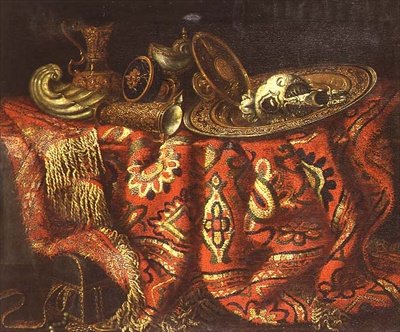 Bir çıkıntının üzerine serilmiş bir halı üzerinde bir nautilus fincanı, bir paten, ibrikler ve yaldızlı bir tabak by Francesco (circle of) Fieravino