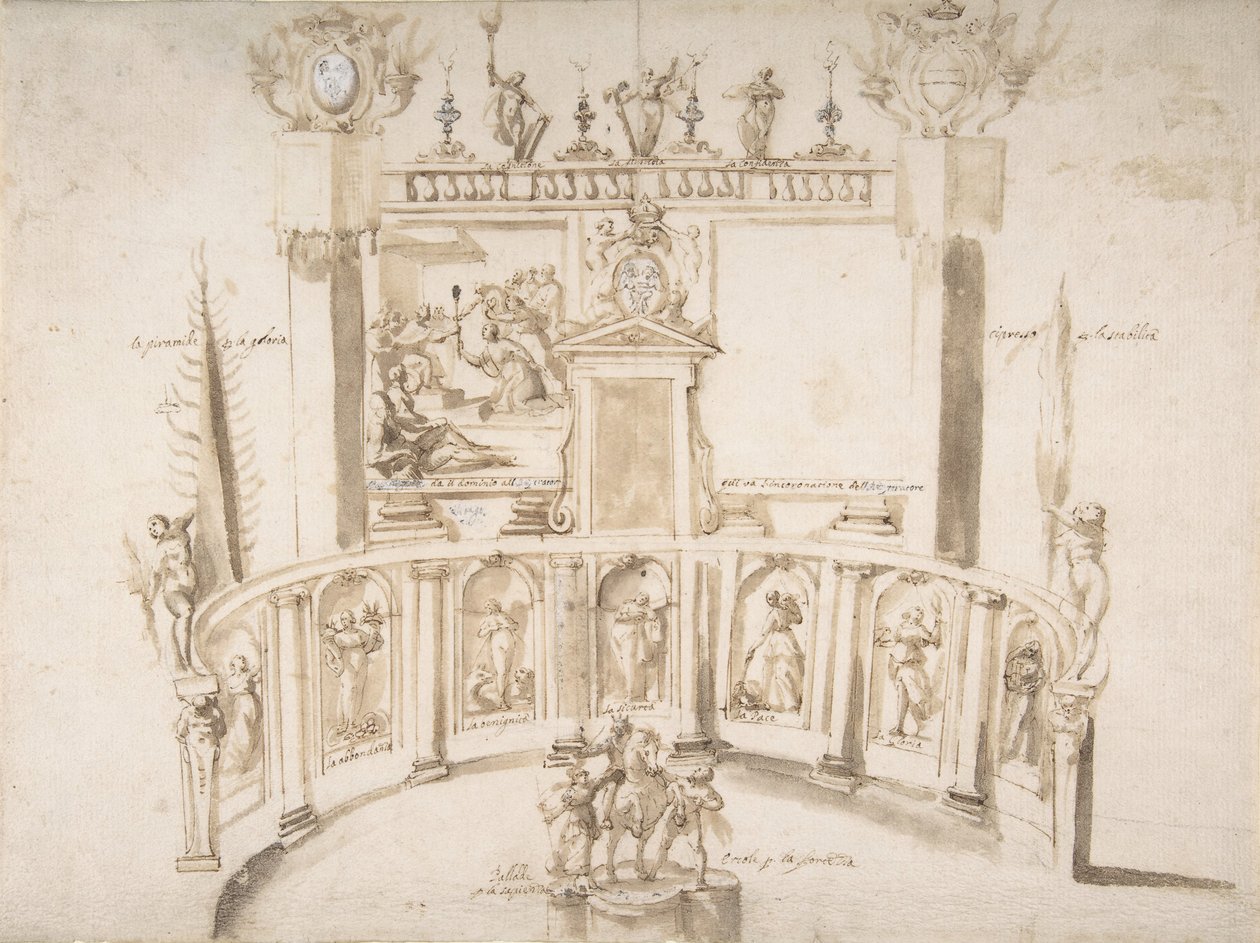 Nişlerde Yarı Dairesel Duvarlı ve Heykelli Bir Bahçe Fête Tasarımı., ca. 1635-79. by Francesco Allegrini