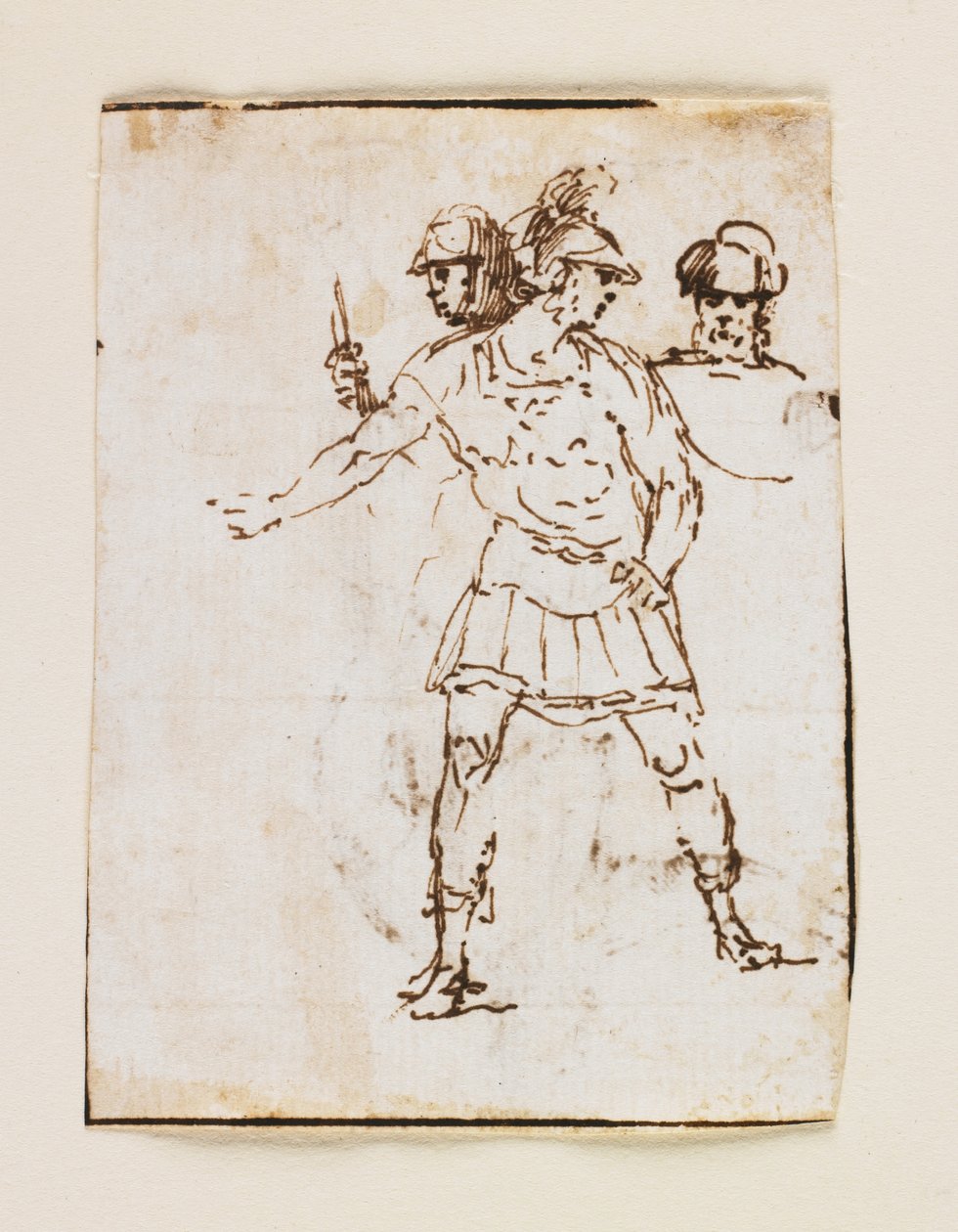 İki Romalı Asker ve Sakallı Figür Çalışması (rekto); Sopayla Yürüyen Sakallı Bir Adamın Çalışması (verso) (kalem ve kahverengi mürekkep) by Francesco Allegrini