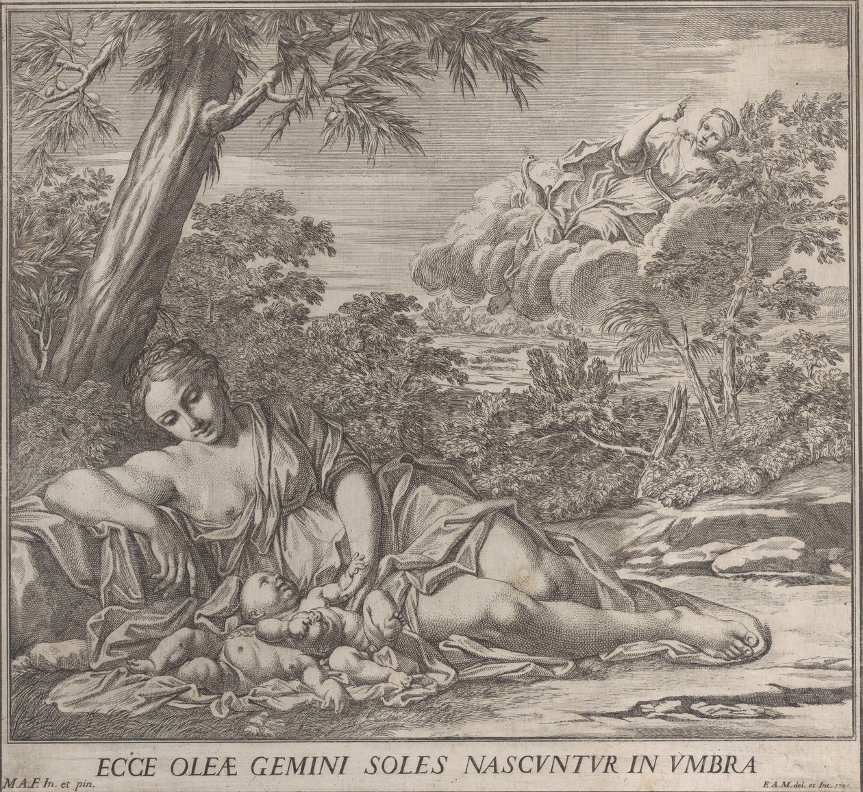 Latona ve uyuyan ikizleri Apollo ve Diana, bir manzara içinde, 1705. by Francesco Antonio Meloni