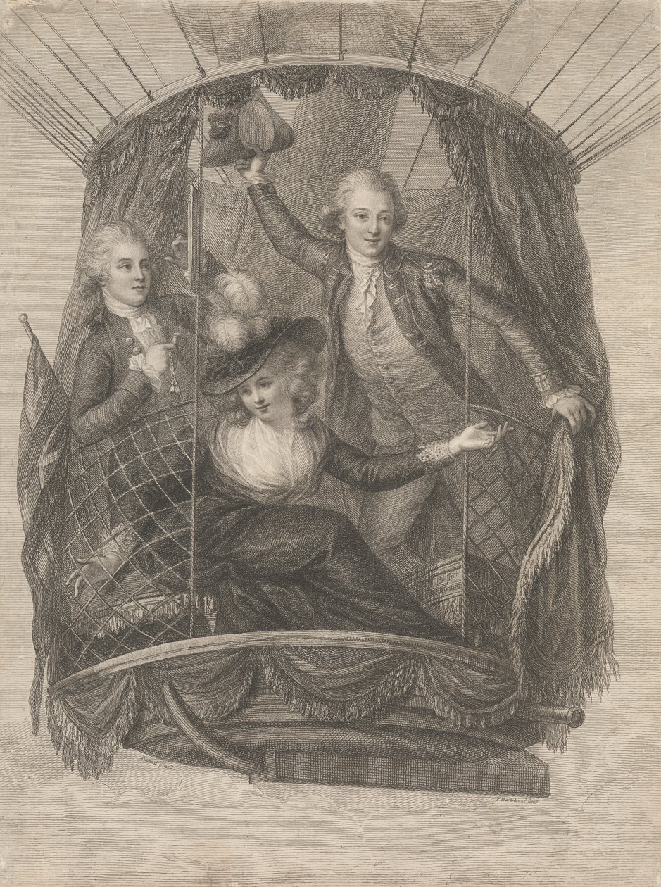 Madame Sage, Chevalier Biggin ve Yüzbaşı Vincent Lunardi'nin Balonla Yükselişi, 20 Haziran 1785 by Francesco Bartolozzi