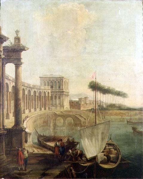 Bir capriccio, bir feribot yükleme figürleri ile liman by Francesco Battaglioli