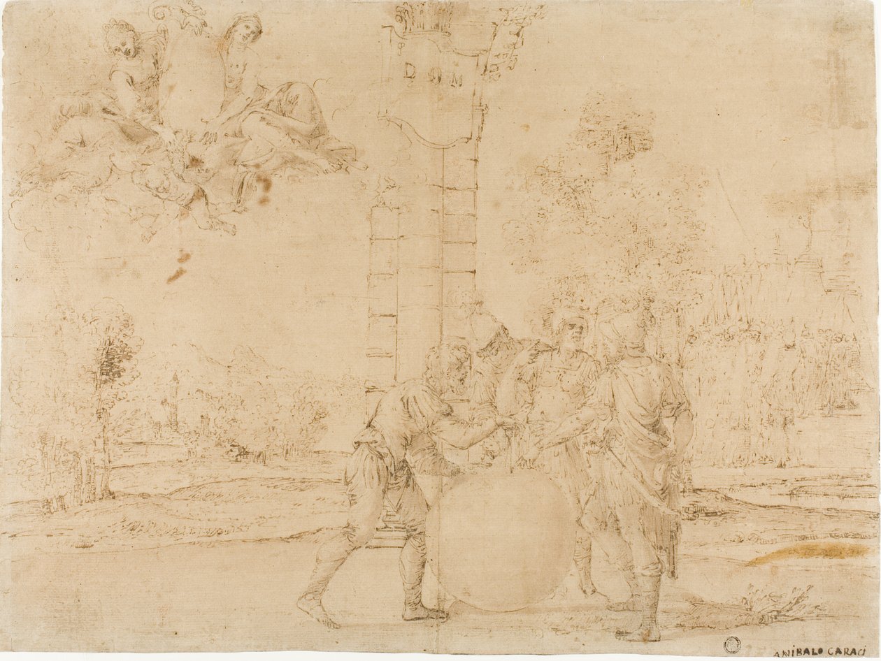 Octavianus, Mark Antony ve Lepidus Roma İmparatorluğunu Bölüyor, Arka Planda Bologna by Francesco Brizio