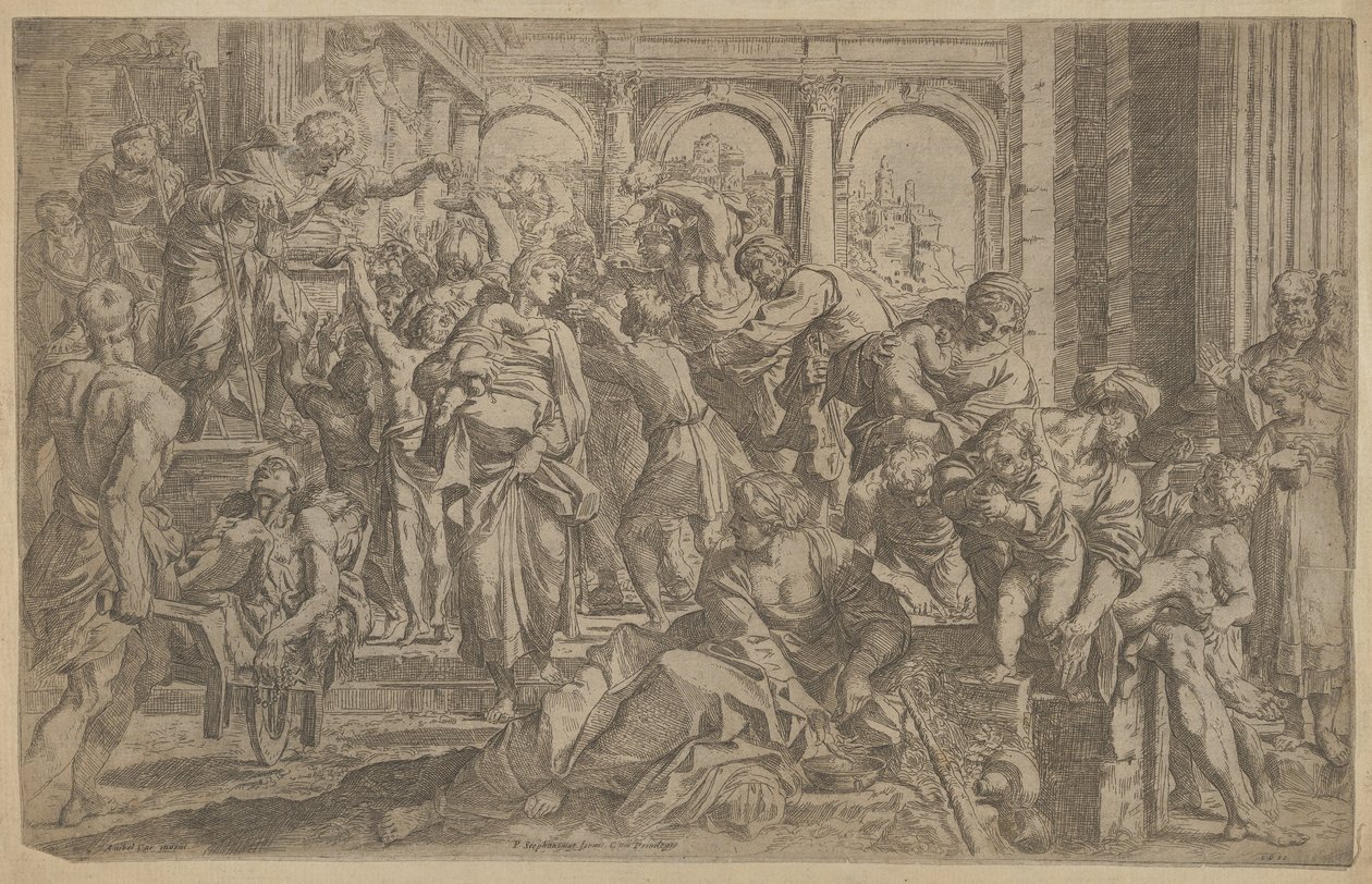 Aziz Roch solda, etrafında toplanan bir grup insana sadaka dağıtıyor, A.., yaklaşık. 1607. by Francesco Brizio