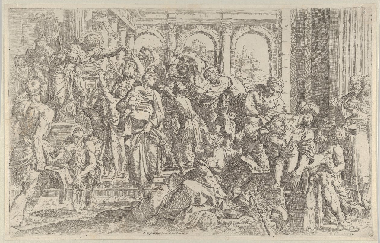 Aziz Roch solda, etrafında toplanan bir grup insana sadaka dağıtıyor, af..., yakl. 1590-1600. by Francesco Brizio