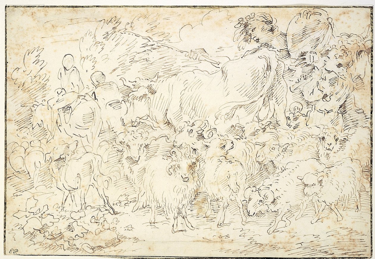 Keçi, koyun, inek ve çoban köpeği olan çobanlar by Francesco Castiglione