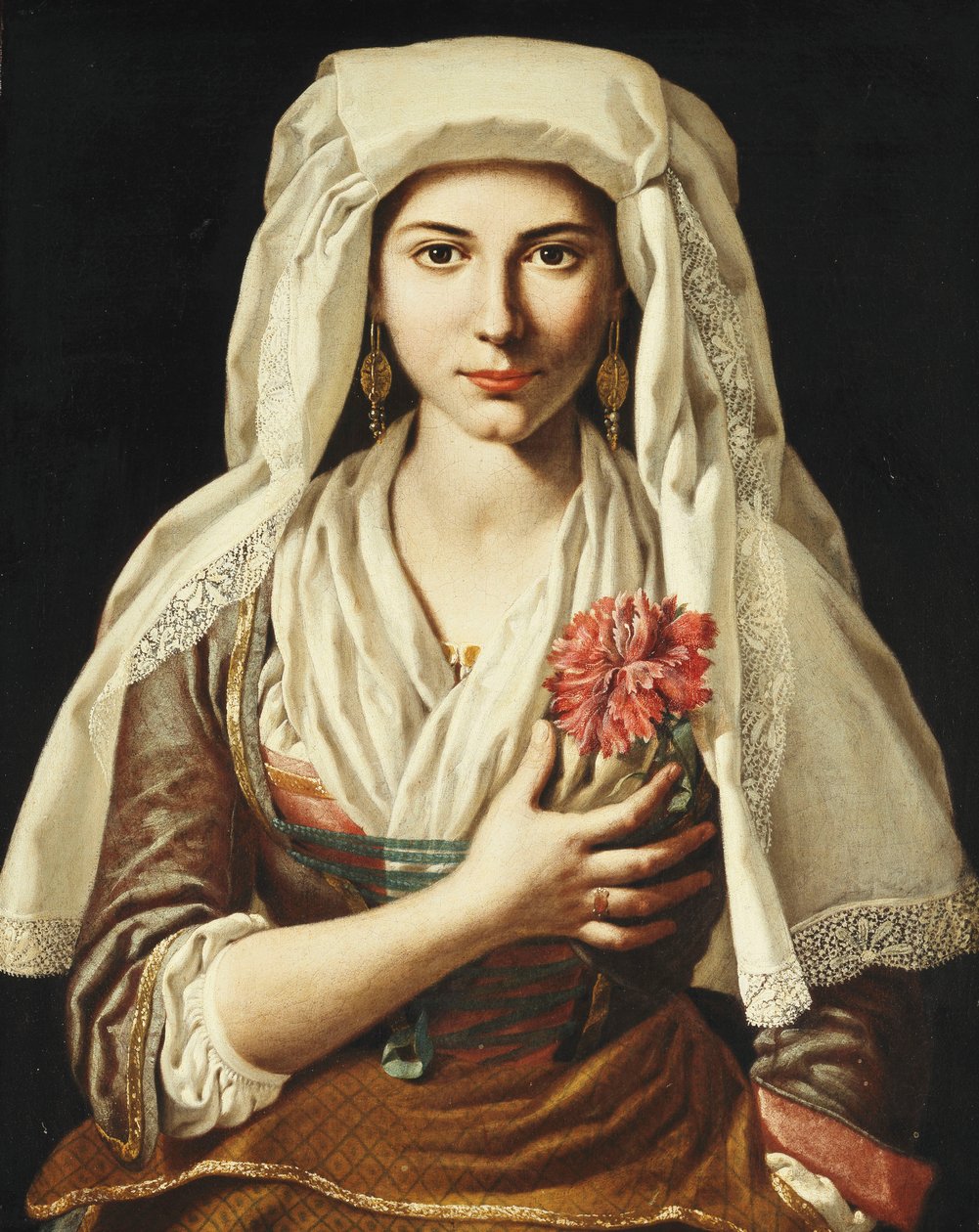 Üç çeyrek uzunlukta, elinde karanfil tutan genç bir kadının portresi by Francesco Cozza