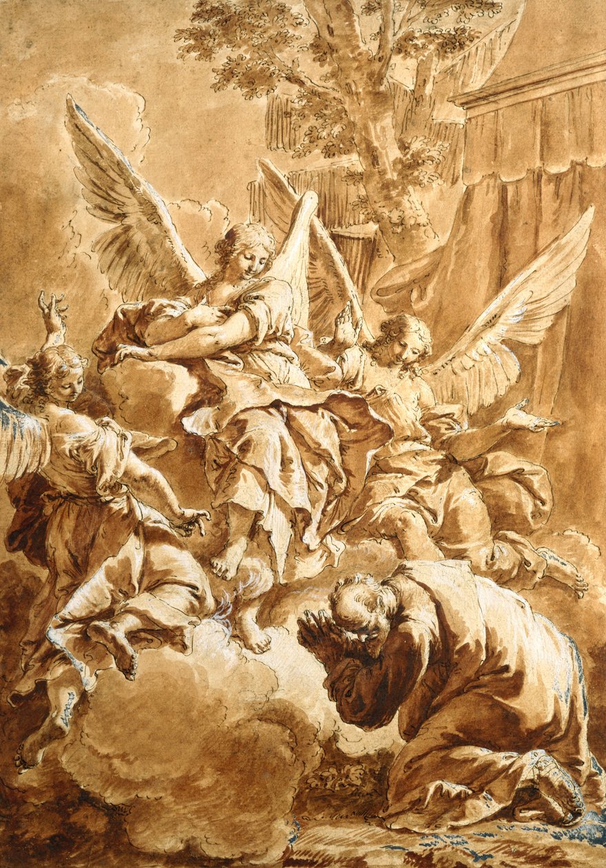İbrahim ve Üç Melek, c.1750 (siyah tebeşir üzerine kırmızı astarlı tükenmez kalem ve kahverengi mürekkep) by Francesco Fontebasso