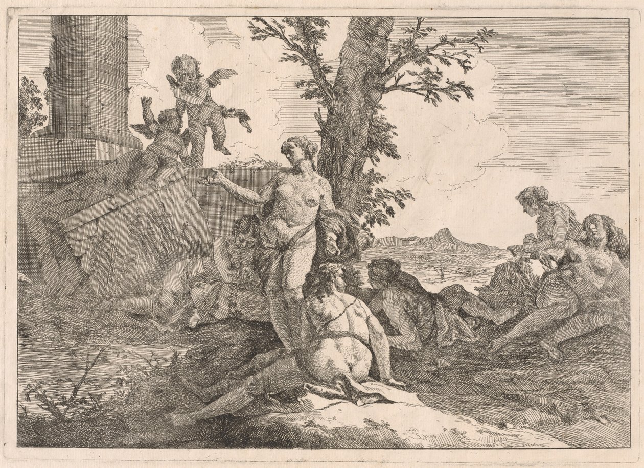 Bir Manzarada Altı Peri ve İki Aşk Tanrısı by Francesco Fontebasso