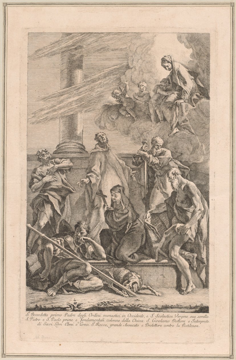 İki Melek ve Azizler ile Madonna ve Çocuk Scholastica, Benedict, Roch, Peter, Paul ve Jerome by Francesco Fontebasso after Sebastiano Ricci