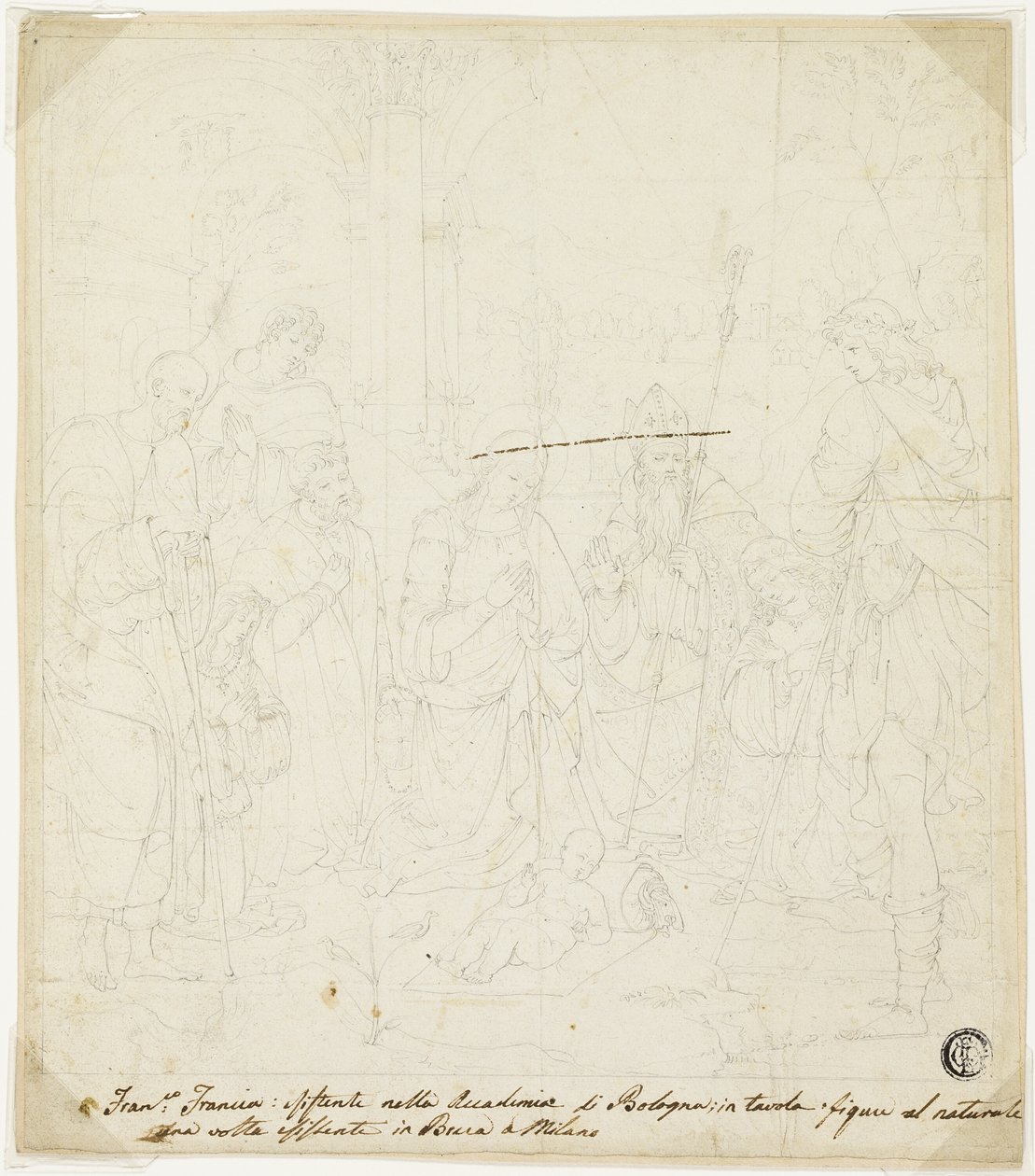 Anton Galeazzo Bentivoglio ve Alessandro Bentivoglio'nun katıldığı Aziz Joseph, Assisili Francis ve Augustine ile İsa Çocuğuna Tapınma by Francesco Francia
