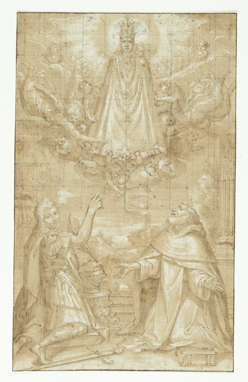 Bir pelerin ve ağır zincirlerle süslenmiş, çocuklu taçlı bir Madonna, bulutlarda, melekler ve meleklerle çevrili, diz çökmüş iki azize kendini gösterir; biri şehit olan asker, diğeri din adamı (Hyacintus?). Bir melek bir kemer ya da bir yazı verir by Francesco Francia