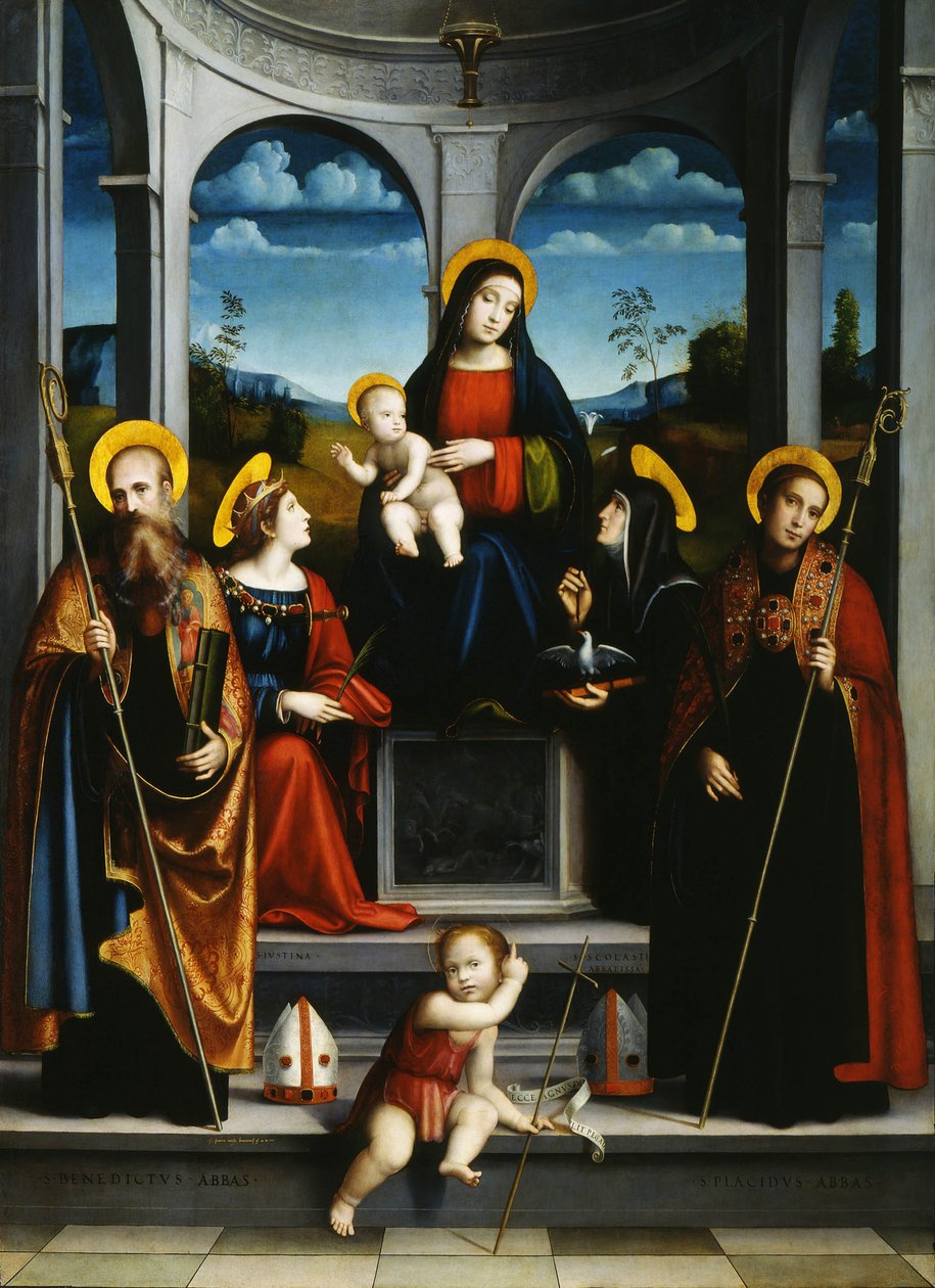 Aziz Benedict, Justina, Placidus ve Scholastica ile Bakire ve Çocuk, yaklaşık 1515 by Francesco Francia