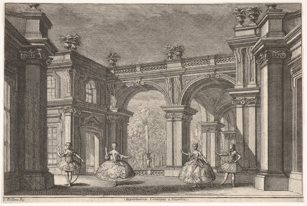 Süslü bir mimari ortamda dans eden iki hanımefendi ve iki beyefendi, bir çeşme..., 1765. by Francesco Galli Bibiena