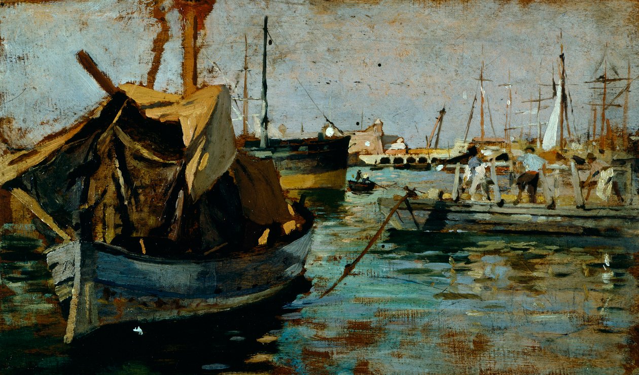 Francesco Gioli (1846-1922) tarafından Livorno limanında (Leghorn) iş başında, panel üzerine yağlı boya, 22x38 cm by Francesco Gioli