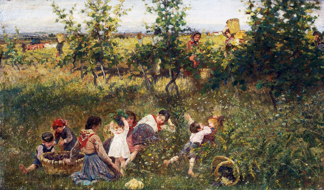 Üzüm hasadı, Tablo Francesco Gioli (1846-1922), Tuval üzerine yağlı boya, 39, 5x66 cm by Francesco Gioli