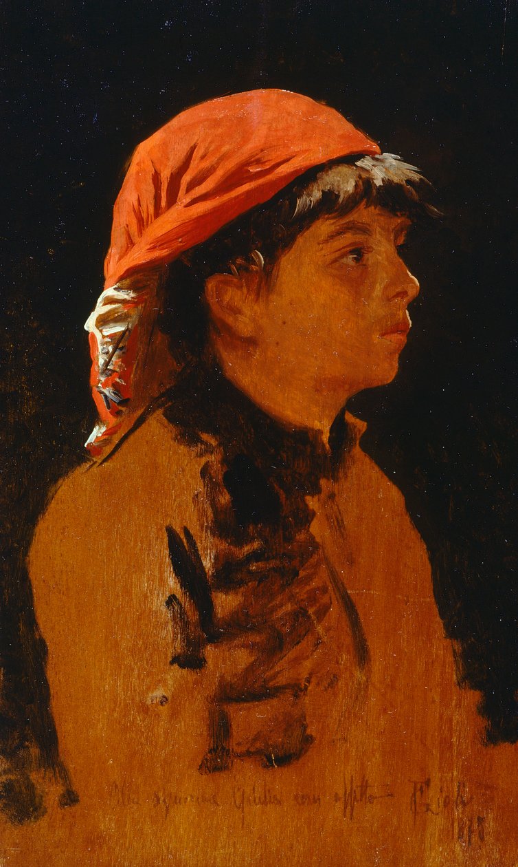Kırmızı fular Francesco Gioli (1846-1922), panel üzeri yağlı boya, 28x17 cm by Francesco Gioli