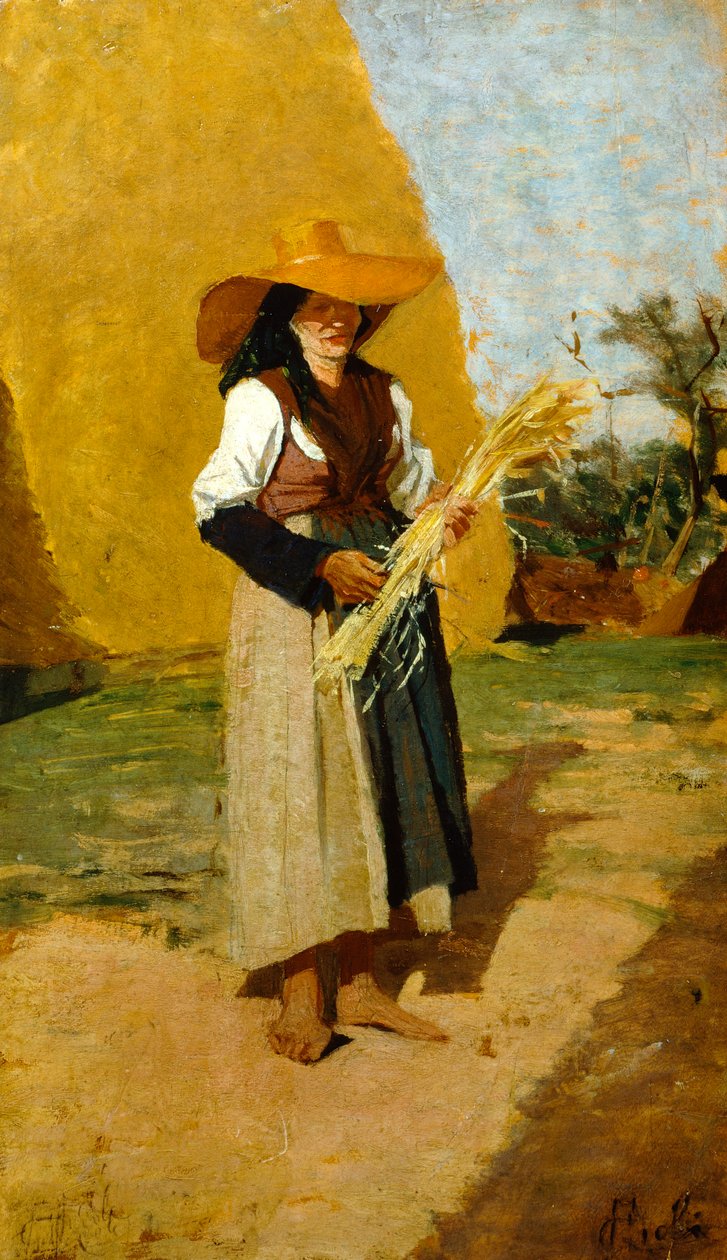 Francesco Gioli (1846-1922), Gleaner çalışması (dişi saha görevlisi), panel üzerine yağlı boya, 32x19 cm by Francesco Gioli