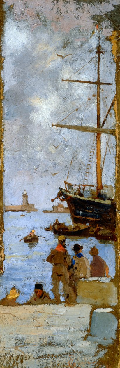 Francesco Gioli (1846-1922) tarafından Livorno limanının görünümü, karton üzerine aktarılmış tuval üzerine yağlıboya, 38x12 cm by Francesco Gioli