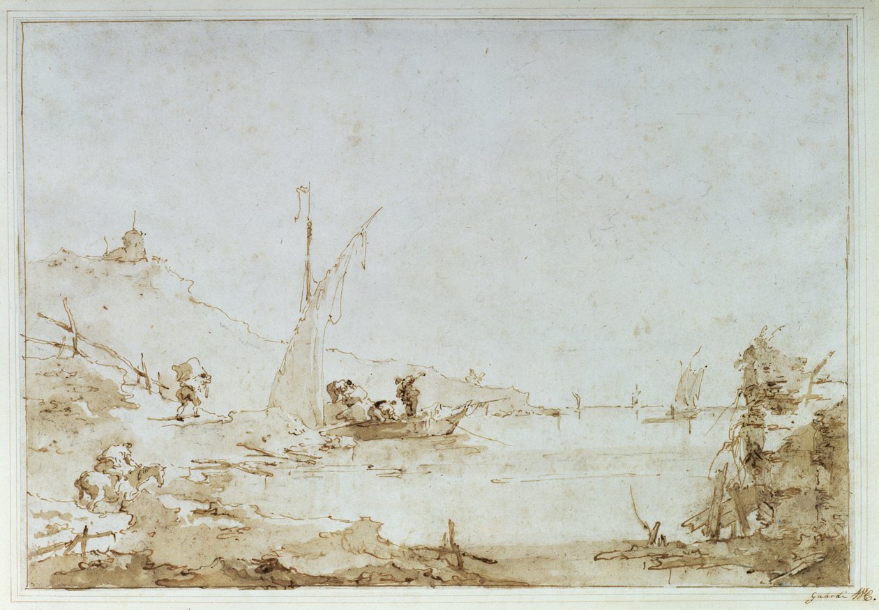 Bir sahil sahnesi, c.1770-80 (kağıt üzerinde siyah tebeşir ile kalem ve kahverengi yıkama) by Francesco Guardi
