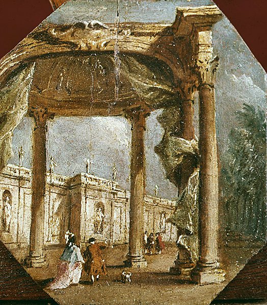 Bir Deliliğin Capriccio, Zarif Bir Çift ve Bir Köpek (panelde yağlı boya) by Francesco Guardi