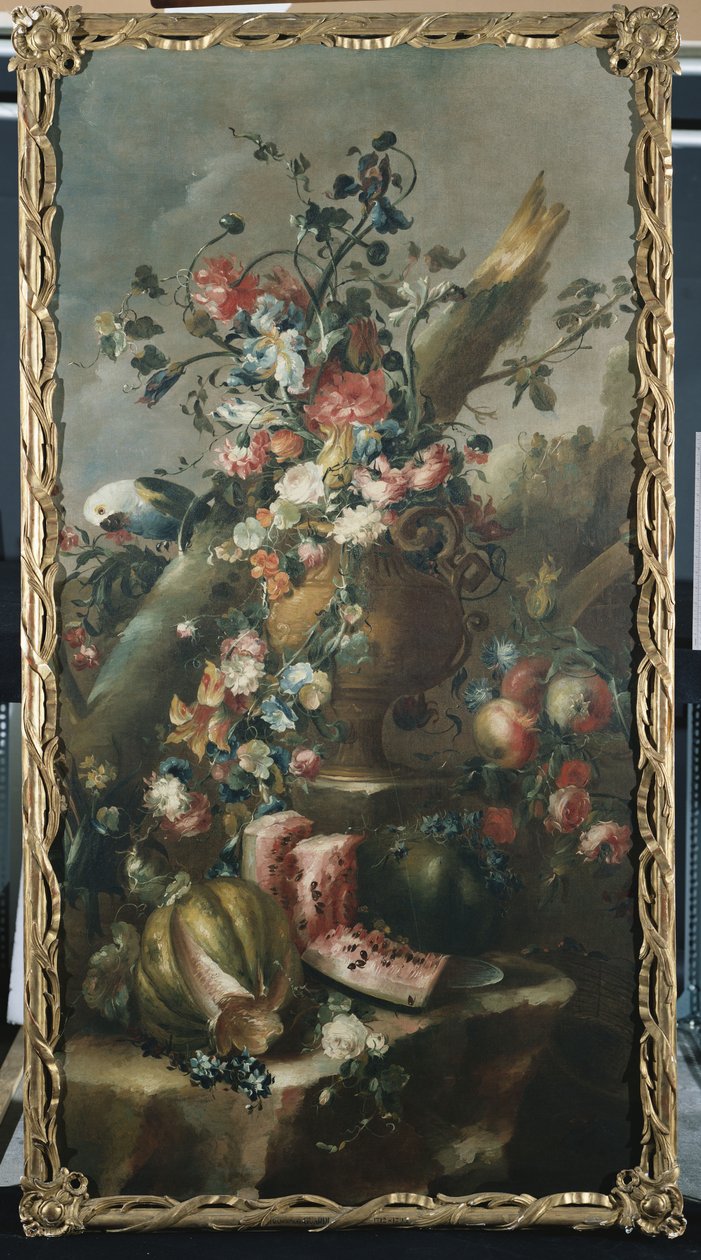 Kavun ve Papağan ile Heykel Bir Vazoda Çiçekler by Francesco Guardi