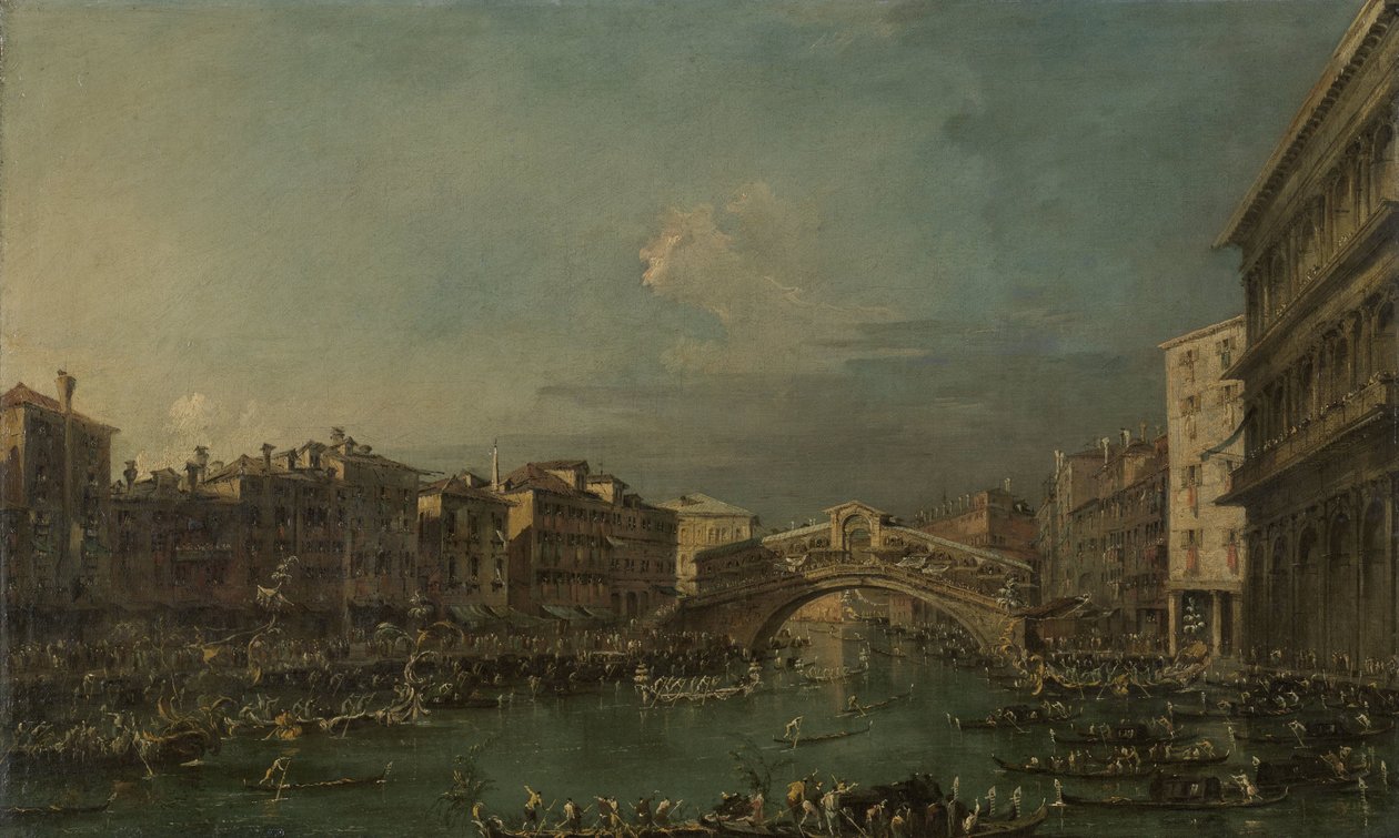 Rialto Köprüsü, Venedik yakınlarındaki Grand Canal üzerinde Regatta by Francesco Guardi