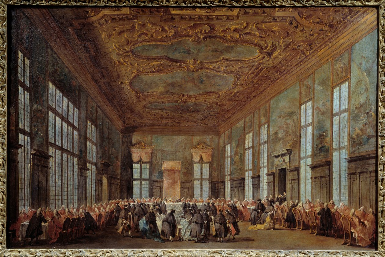 Venedik Doge Alvise IV Mocinego (1701-1778) büyükelçilere kahvaltı sunuyor Resim Francesco Guardi (1712-1793) 18. yüzyıl Güneşi. 0,67x1,01 m Nantes, Güzel Sanatlar Müzesi by Francesco Guardi