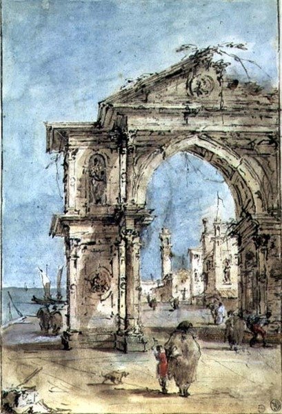 Setteki Zafer Takı (kalem ve kahverengi mürekkep, yıkama, suluboya, beyazla yükseltilmiş) by Francesco Guardi