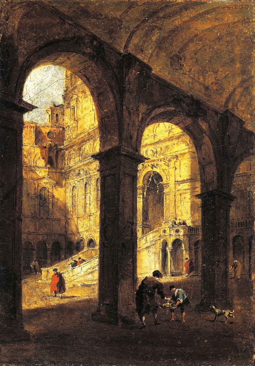 Palazzo Ducale ve Dev Merdiveni'nin (Scala dei Giganti) avlusunun görünümü, Venedik, yaklaşık 1780, Francesco Guardi (1712-1793), tuval üzerine yağlı boya, 26x39 cm. by Francesco Guardi