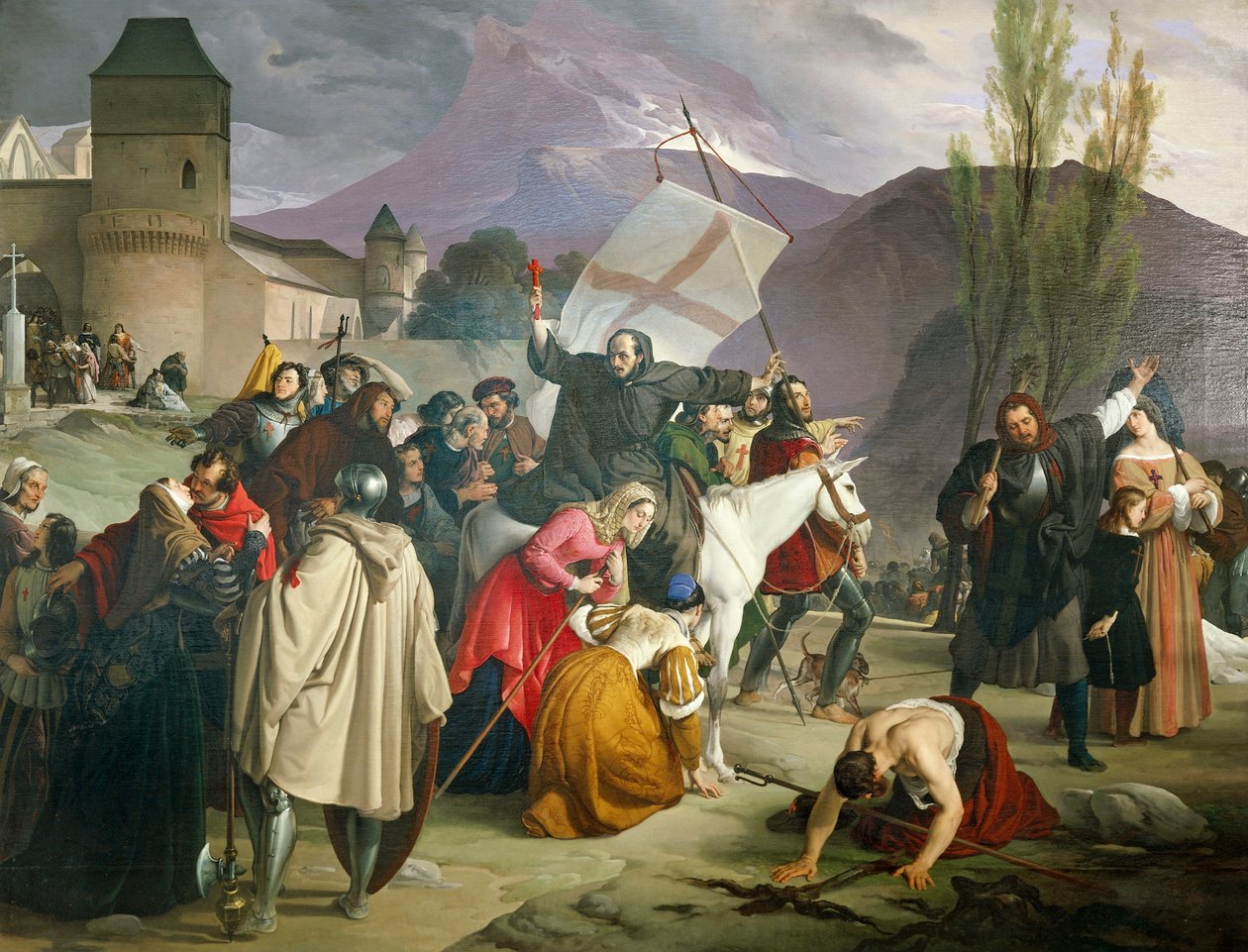 Peter Hermit elinde haçla beyaz katıra biniyor ve Haçlı Seferi vaaz ederek şehirler ve köyler arasında dolaşıyor by Francesco Hayez