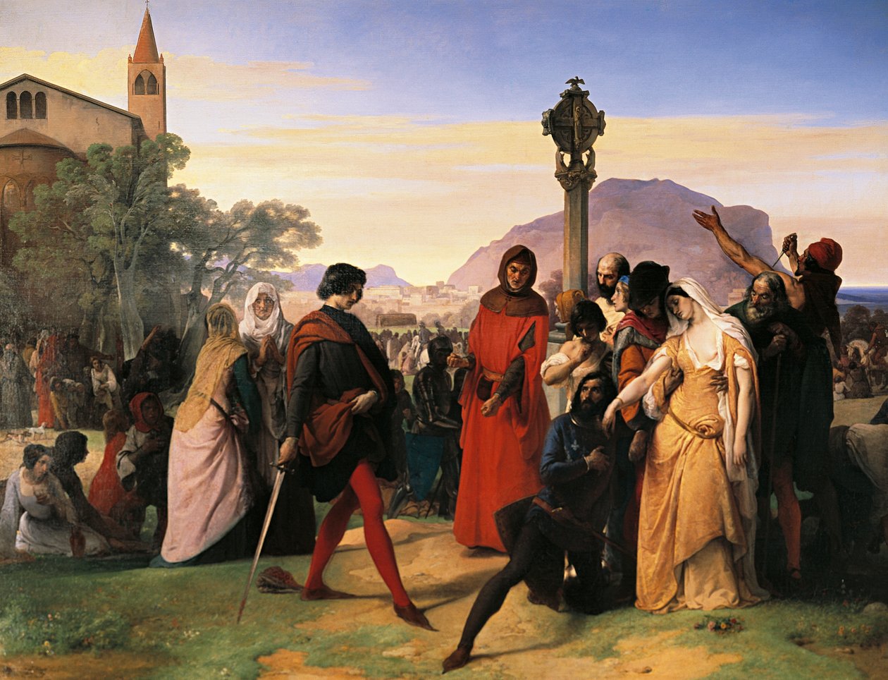 Fransız Droetto tarafından hakarete uğrayan Palermolu Ruggiero Mastrangelo'nun gelini Sicilya Vespers, ölümüyle intikamını aldı by Francesco Hayez