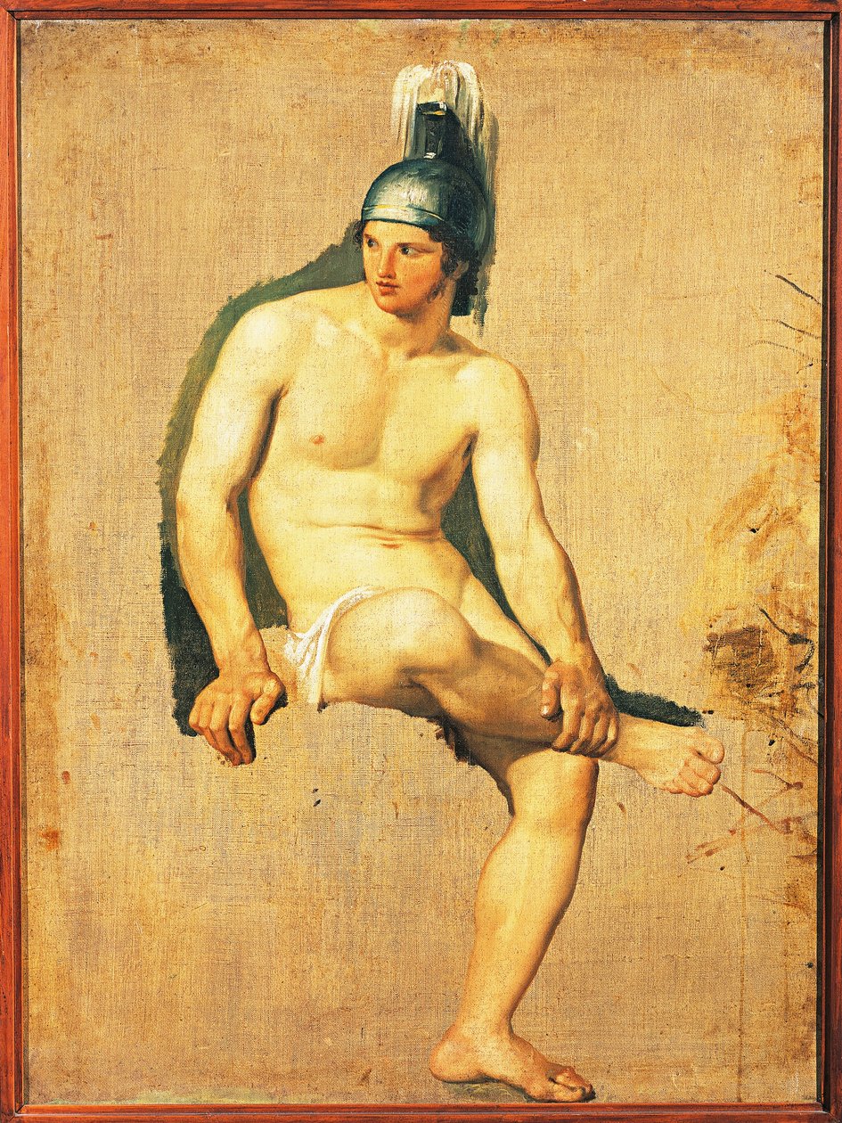 Başında Miğfer Oturan Çıplak Savaşçı Çalışması, Francesco Hayez, tuval üzerine yağlı boya by Francesco Hayez