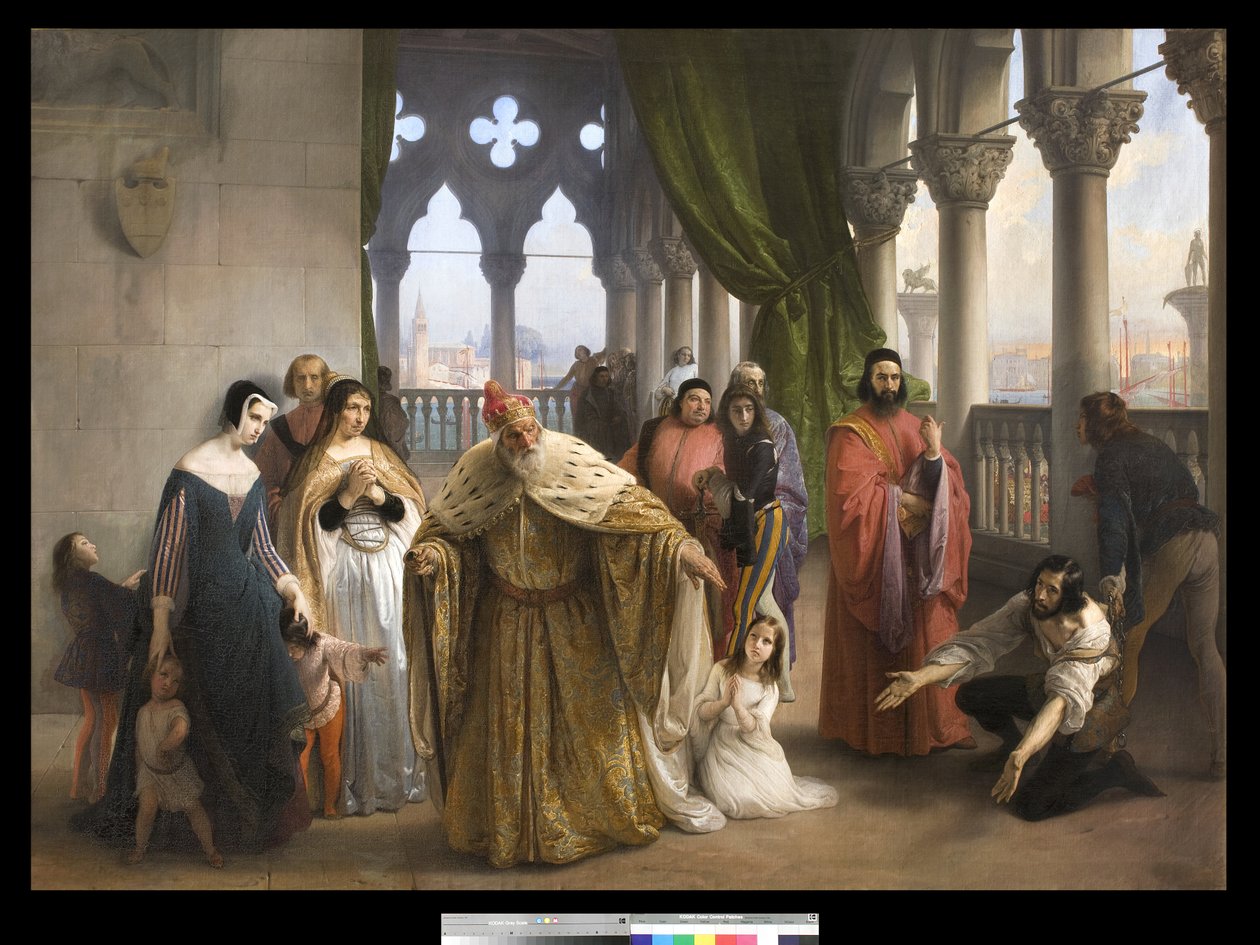 Jacopo Foscari ve ailesi arasında sürgün edilmeden önceki son görüşme, 1838-40 by Francesco Hayez