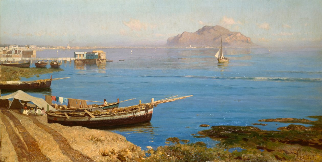 Marina, tekne ve balıkçılar, Francesco Lojacono (1838-1915), tuval üzerine yağlıboya, 61x118 cm by Francesco Lojacono