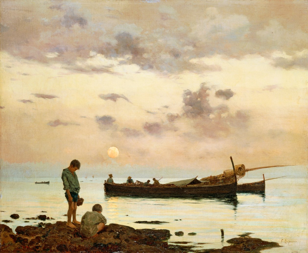 Balıkçı teknesi ve oğlanlarla yat limanı, Francesco Lojacono (1838-1915), tuval üzerine yağlıboya, 64x77 cm by Francesco Lojacono