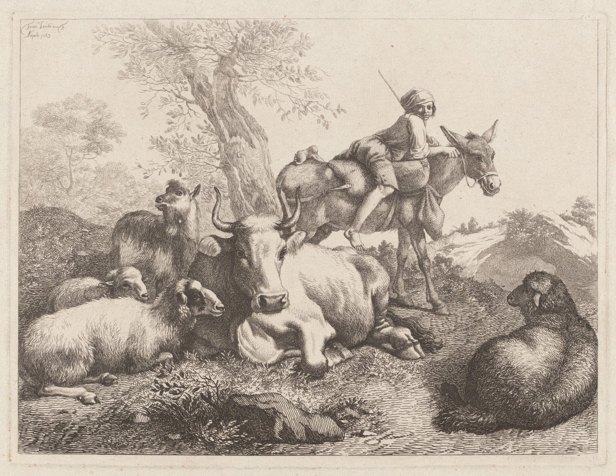 Bir Hayvan Grubunu Gözleyen Eşek Üzerinde Çocuk, 1763. by Francesco Londonio