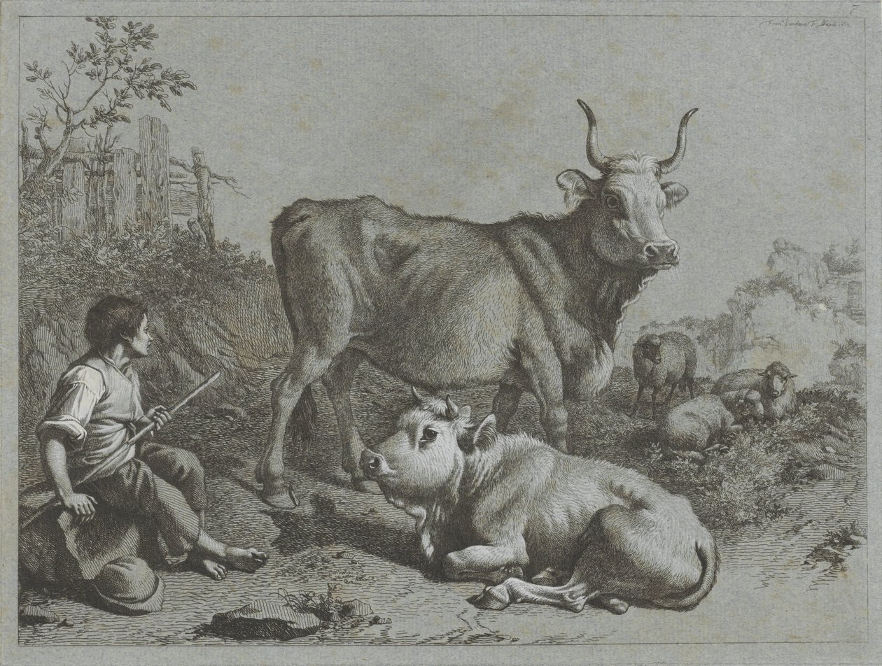 İki öküz ve üç koyun ile çoban çocuk Çoban sahneleri (dizi adı) by Francesco Londonio
