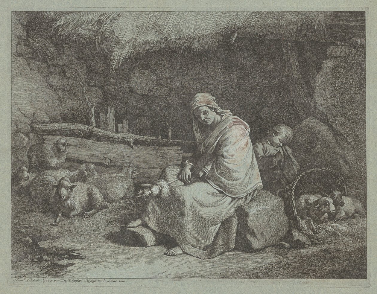 Oturan Döner ve Uyuyan Çocuklu Bir Ahırın İçi, 17591782. by Francesco Londonio