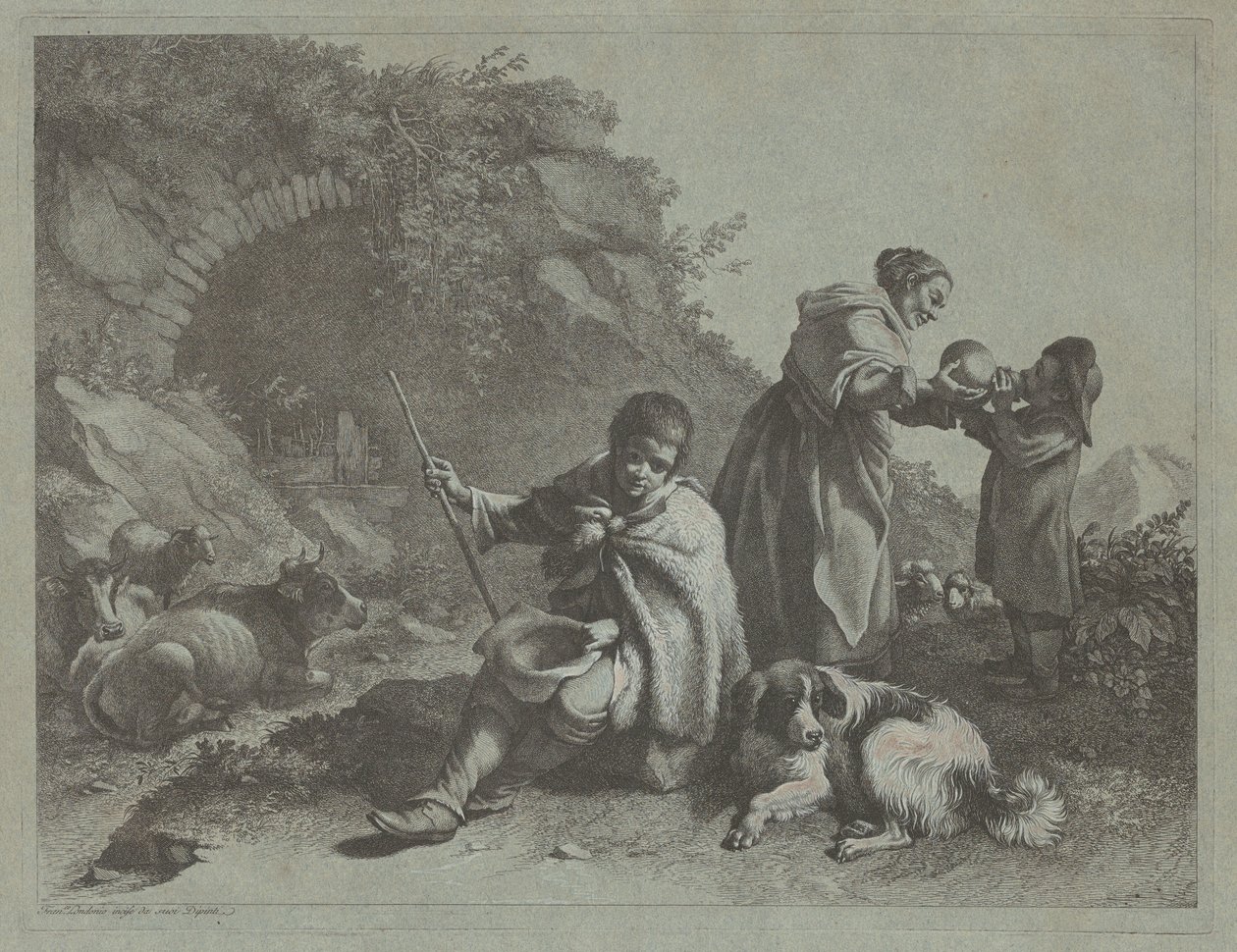 Oturan Çoban Oğlan ve Bir Çocuğa İçecek Veren Kadın, 17591782. by Francesco Londonio