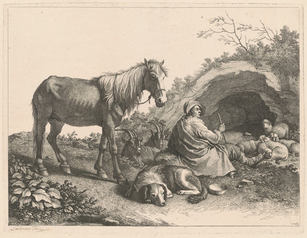 At, Köpek, Keçi ve Koyunlu Oturan Çoban by Francesco Londonio