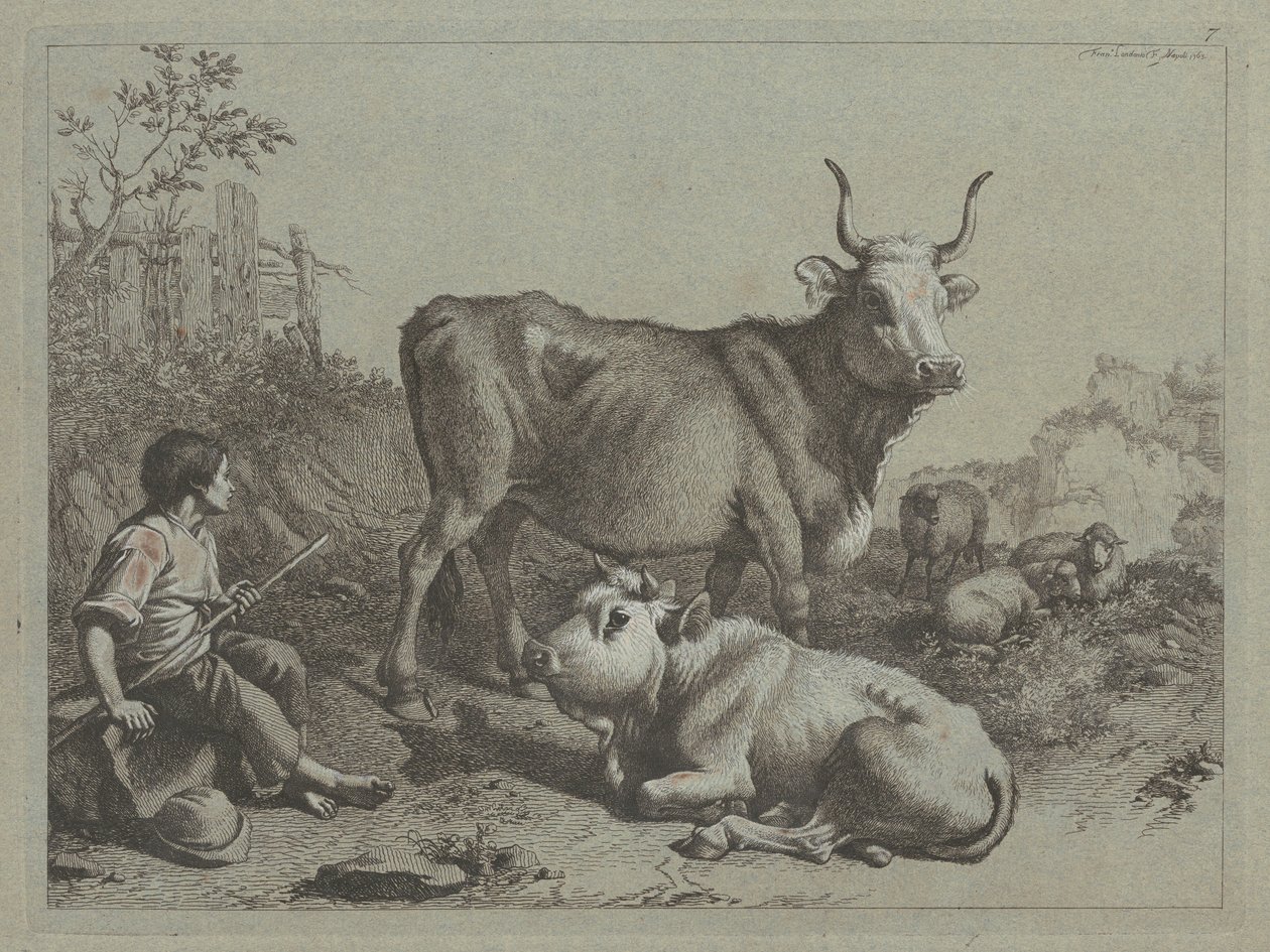 Boğa ve Bullock ile Oturan Çoban by Francesco Londonio