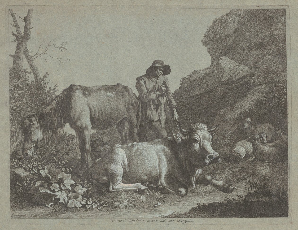 Yaşlı Bir At ve Yatan Bir Boğa ile Baston Üzerinde Dinlenen Çoban by Francesco Londonio