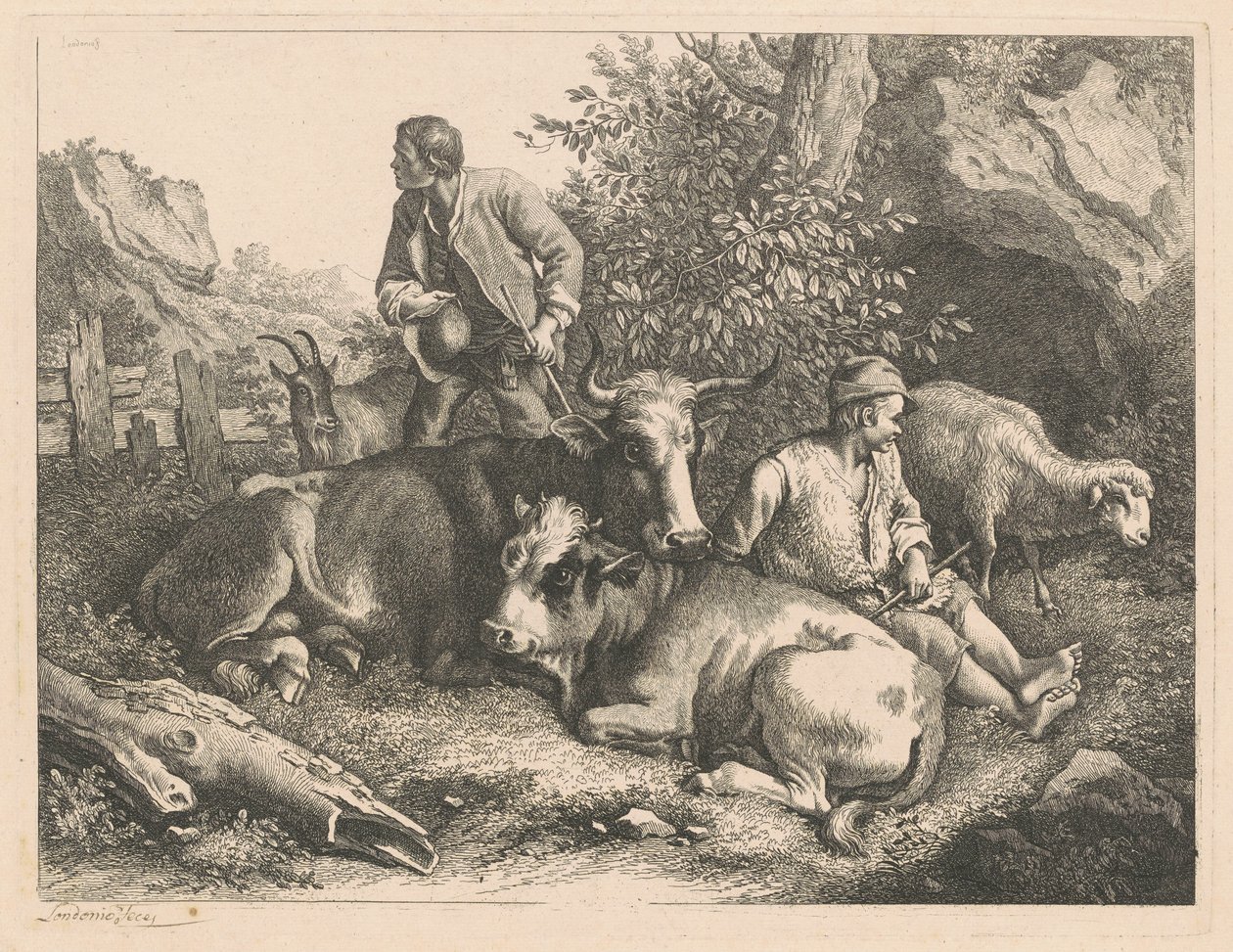 Bir inek ve buzağı ile iki çoban by Francesco Londonio