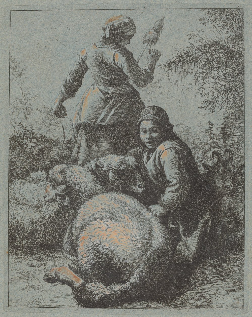 Kadın Spinner ve sürüsü olan bir çoban by Francesco Londonio