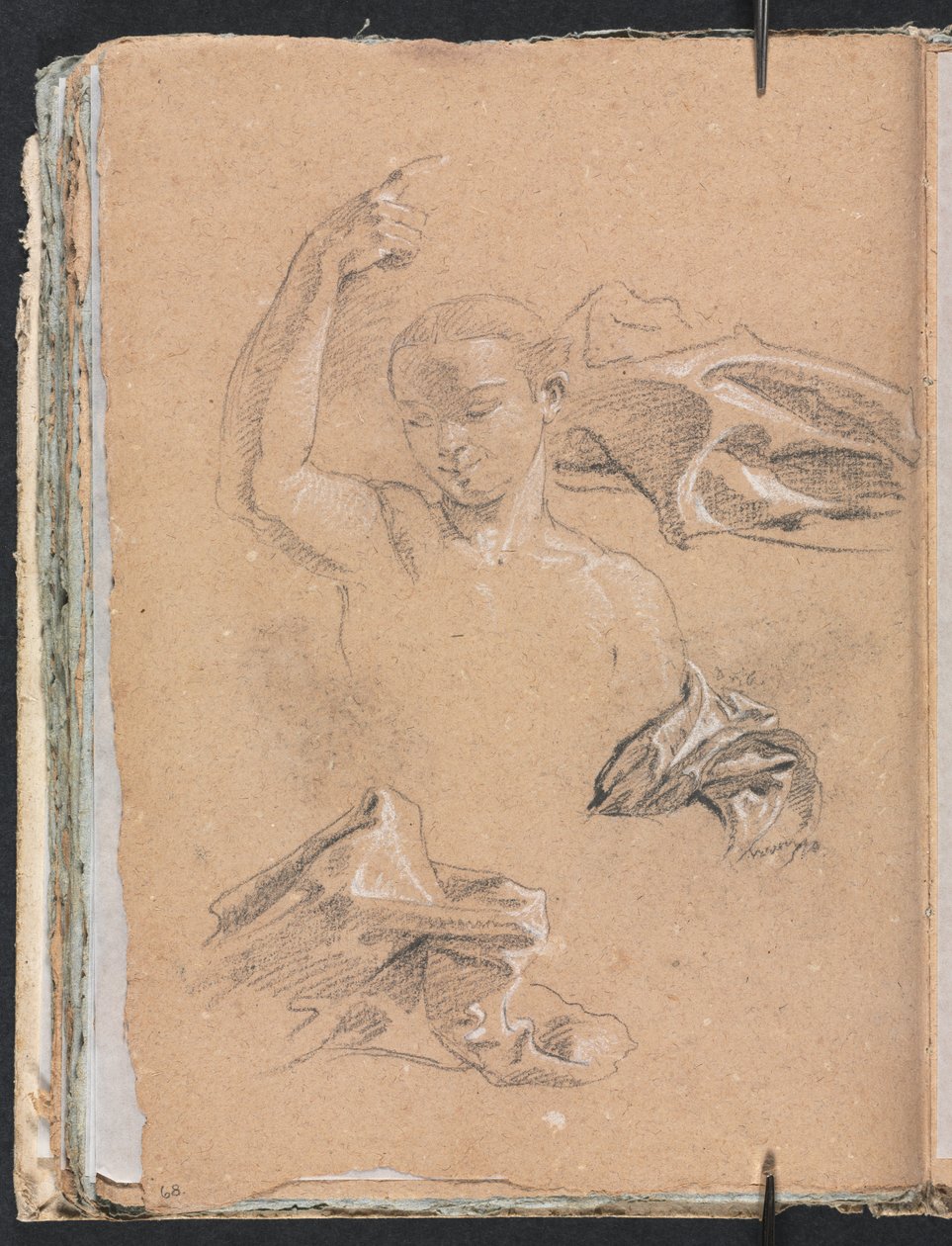 Verona Sketchbook: Sağ kolu yukarı kaldırılmış figür ve perdelik çalışmaları, sayfa 68, 1760. by Francesco Lorenzi