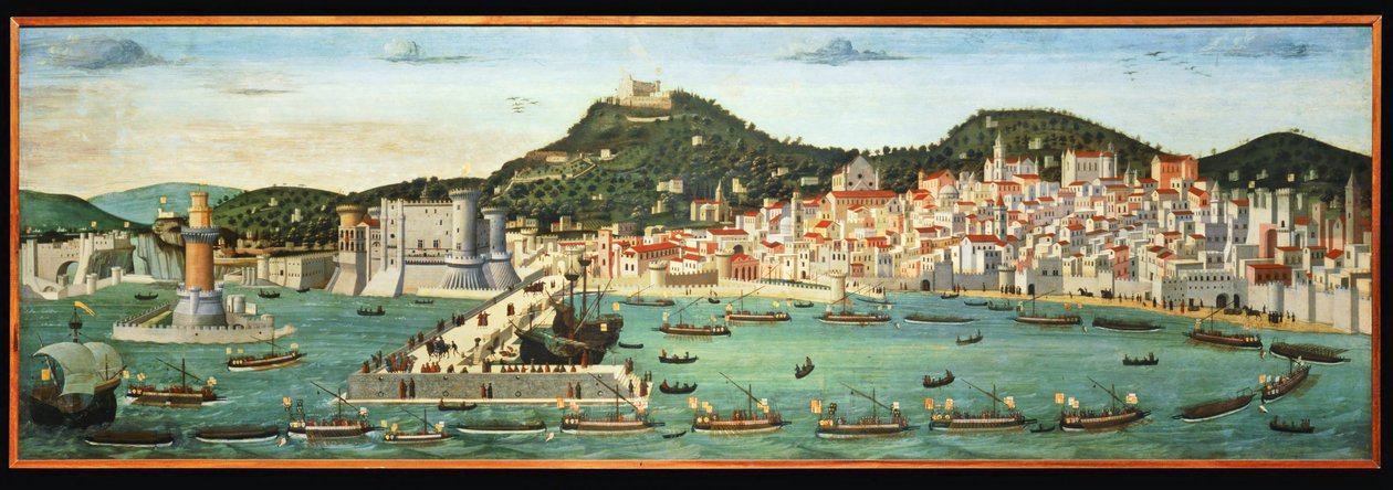 Napoli sahilini ve Aragon donanmasının Ischia savaşından dönüşünü tasvir eden Tavola Strozzi by Francesco Pagano