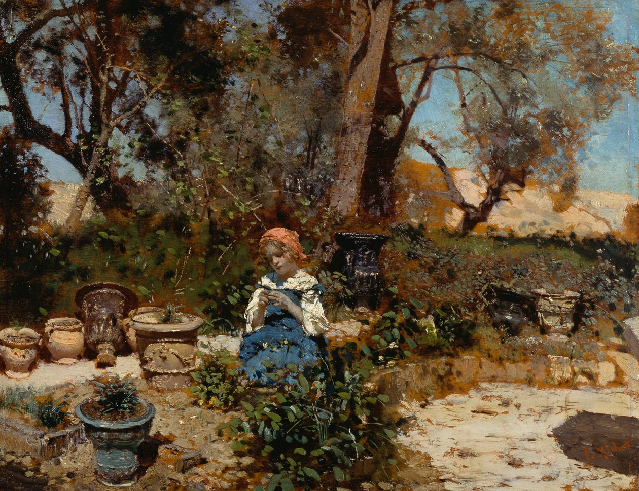 Bahçede bir kız, Francesco Paolo Michetti (1851-1929), panel üzerine yağlı boya, 27x36 cm by Francesco Paolo Michetti